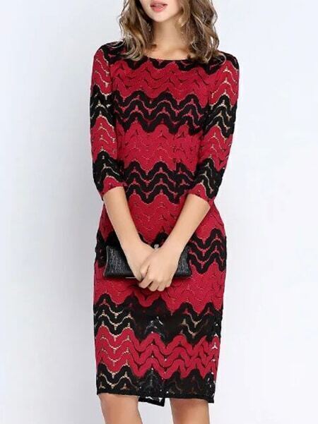 Burgundy Black Chevron Lace Sheath Dress