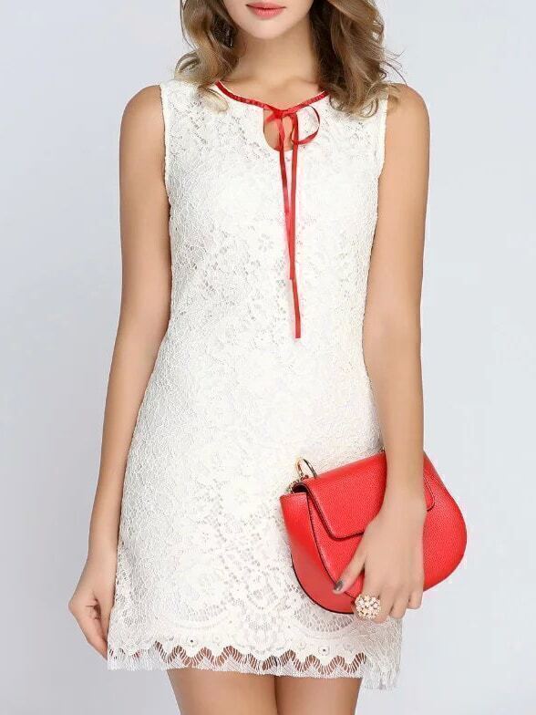 White Tie Neck Lace Shift Dress