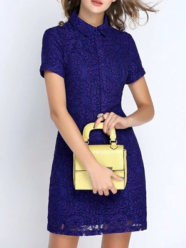 Blue Lapel Lace Shift Dress