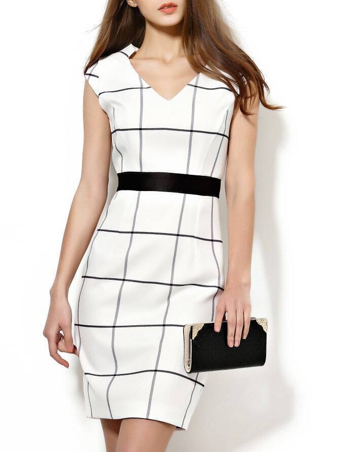 White V Neck Plaid Sheath Dress