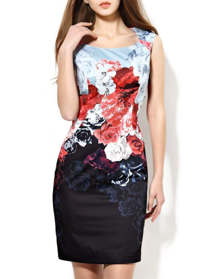 Black Backless Rose Print Sheath Dress