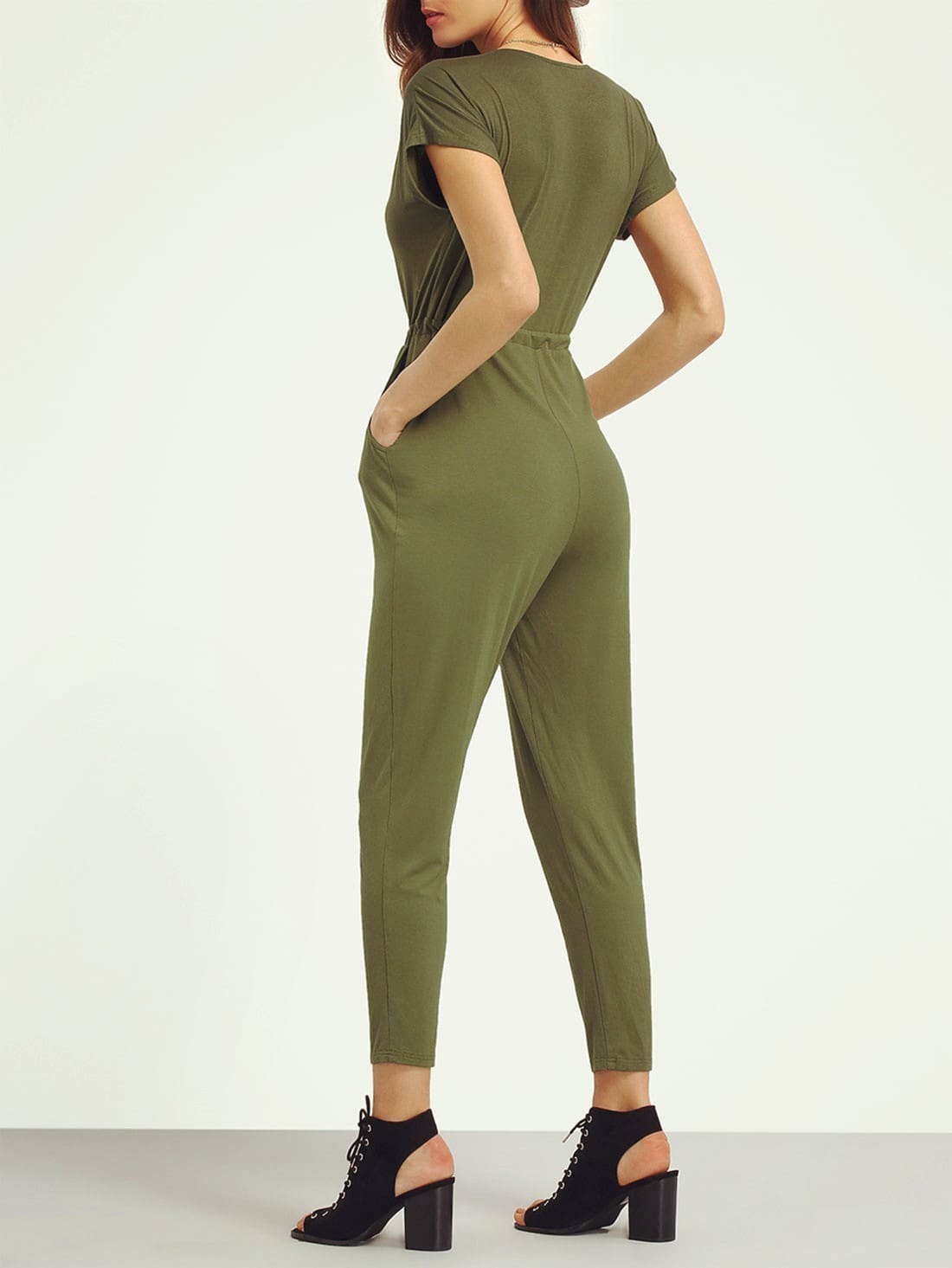 Army Green Deep V Neck Tie Jumpsuit SheIn(Sheinside)