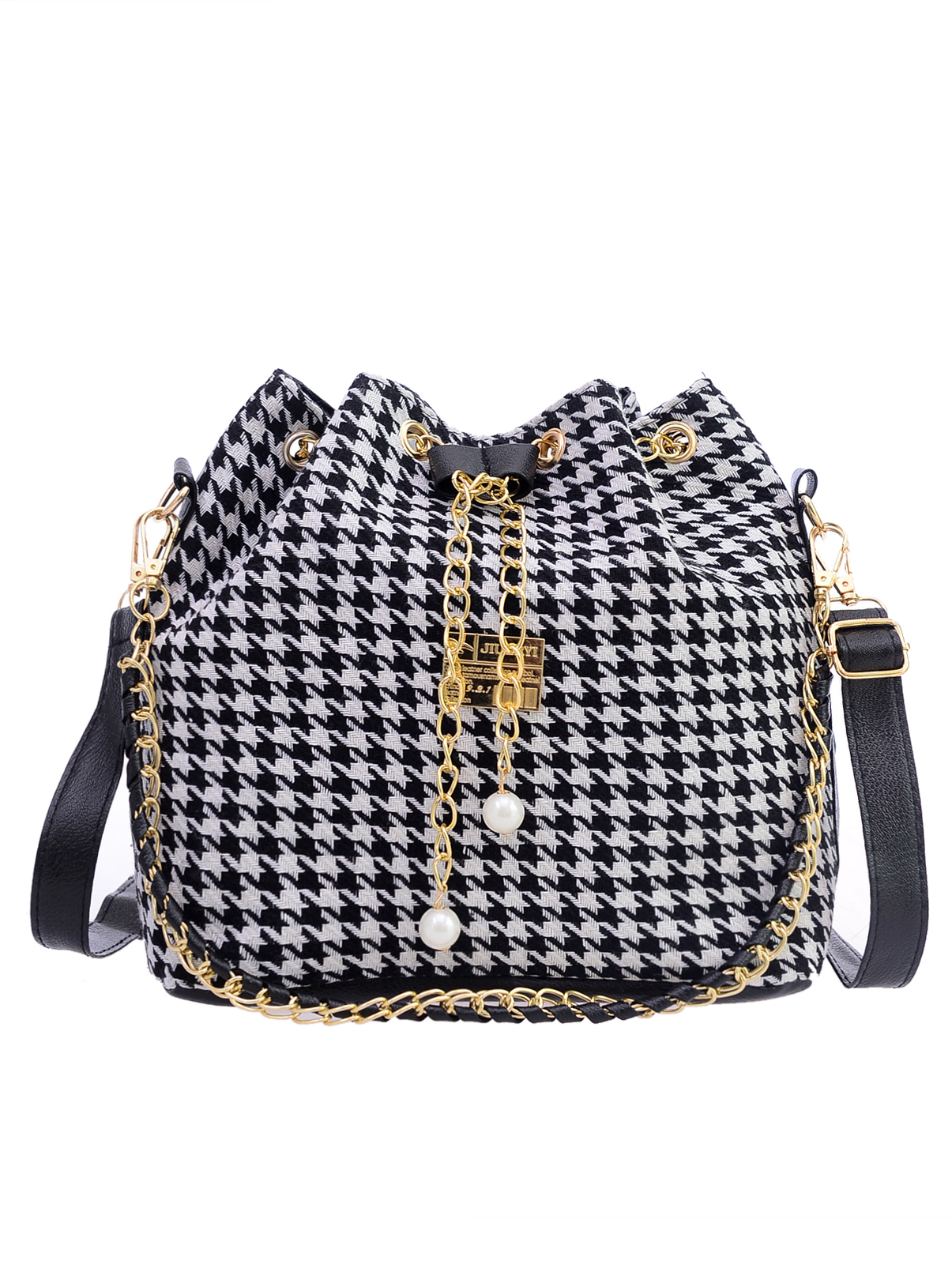 Houndstooth Chain Drawstring Canvas Bucket Bag