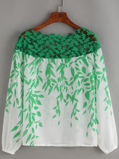 Boat Neck Lace Insert Print Chiffon Shirt pictures