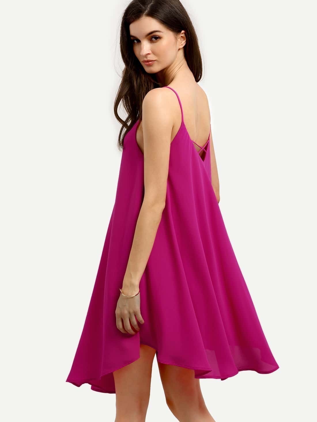 Hot Pink V Neck Crisscross Back Shift Dress