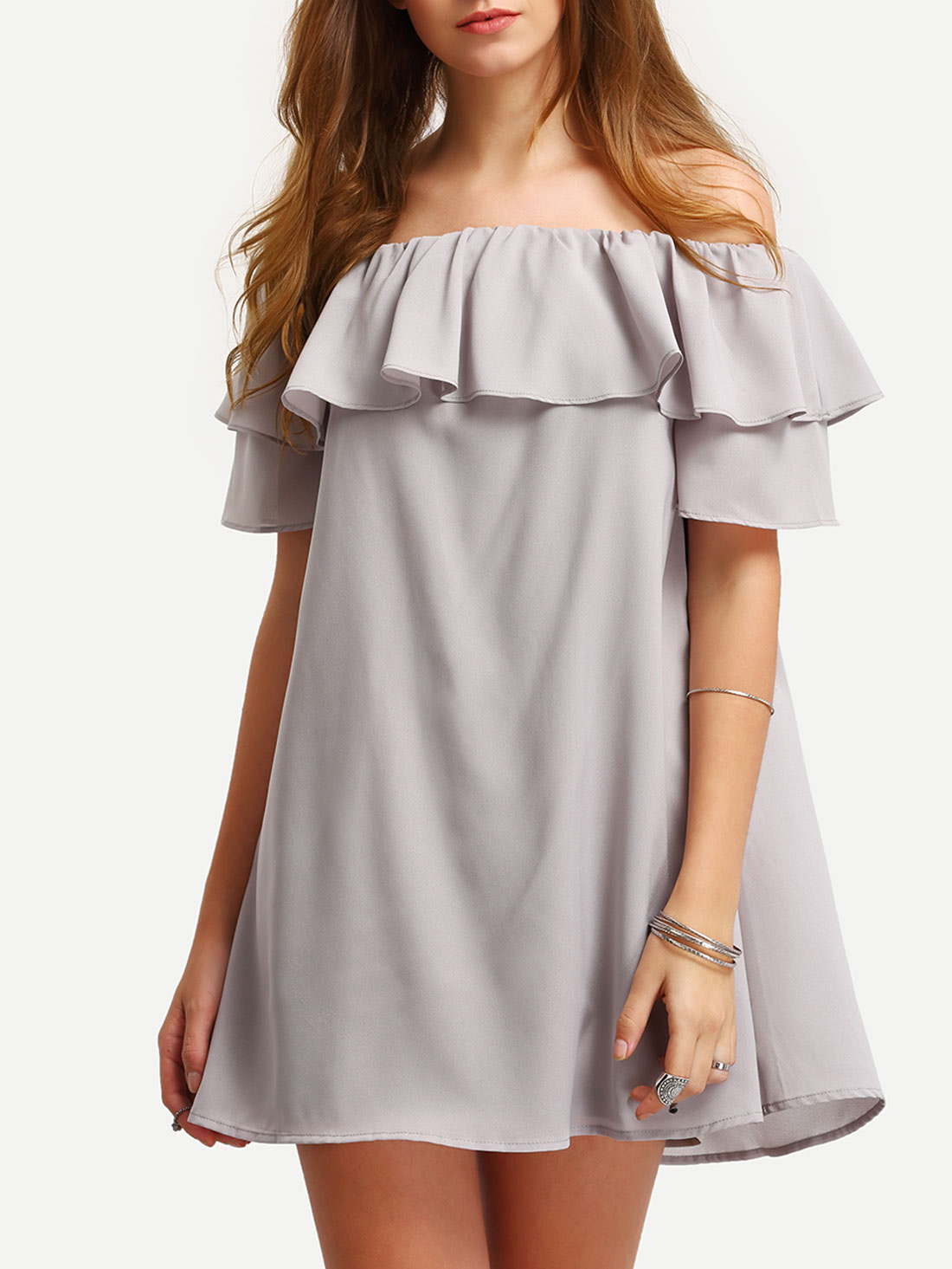 Grey Ruffle Off The Shoulder Shift Dress