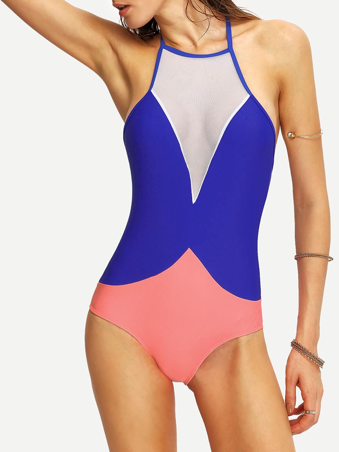 Contrast Mesh Insert One-Piece Swimwear - Blue