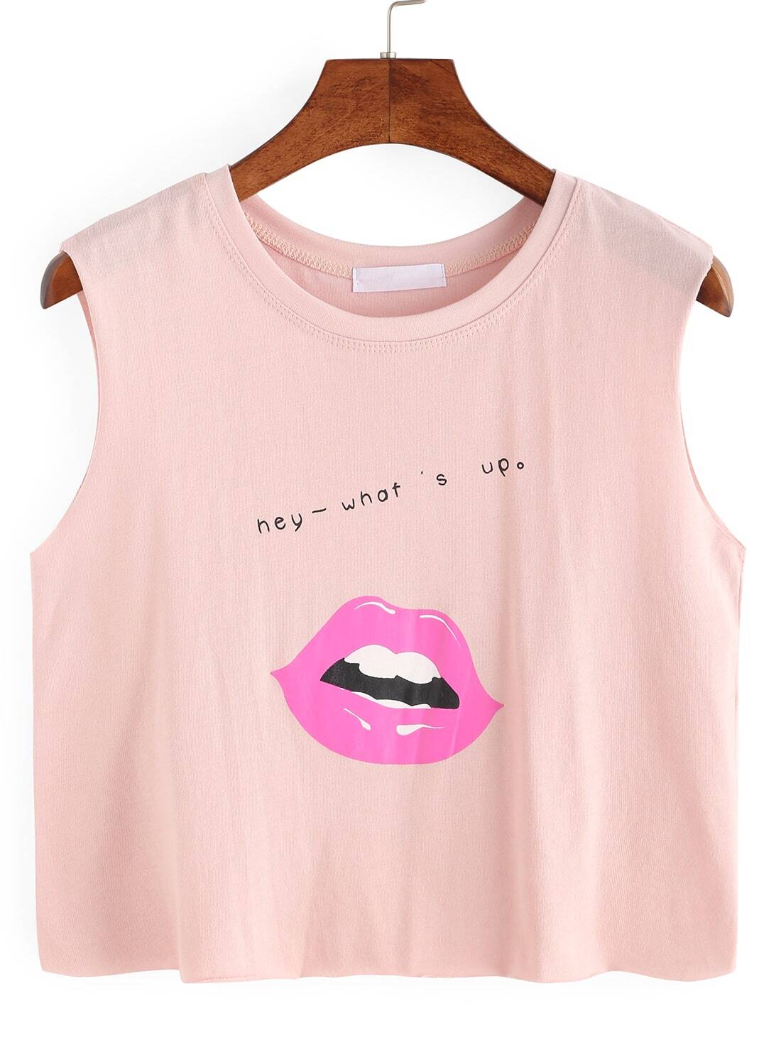 Lip Print Crop Tank Top - Pink