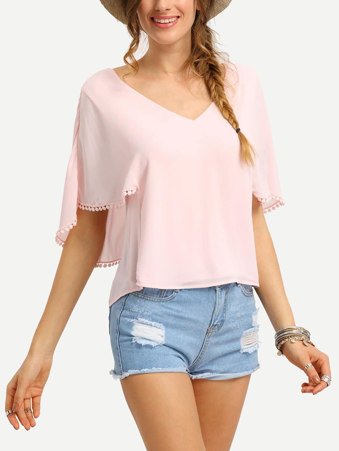 Pom Pom Trimmed Layered Cutout Blouse