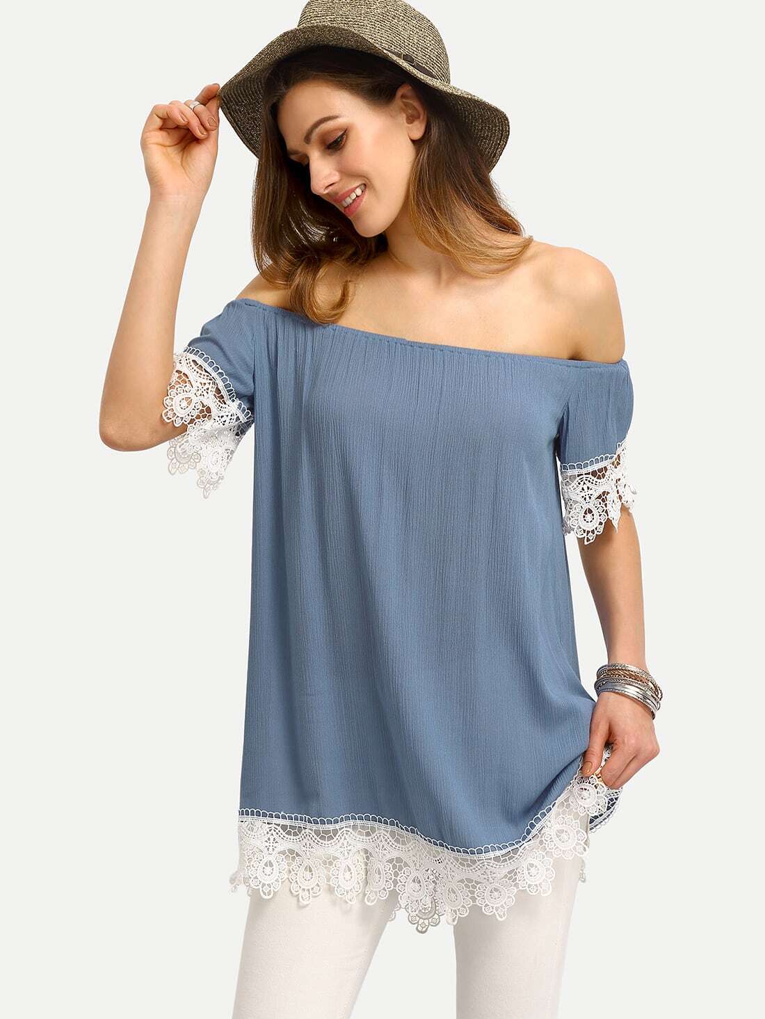 Light Blue Off The Shoulder Patchwork Lace Blouse