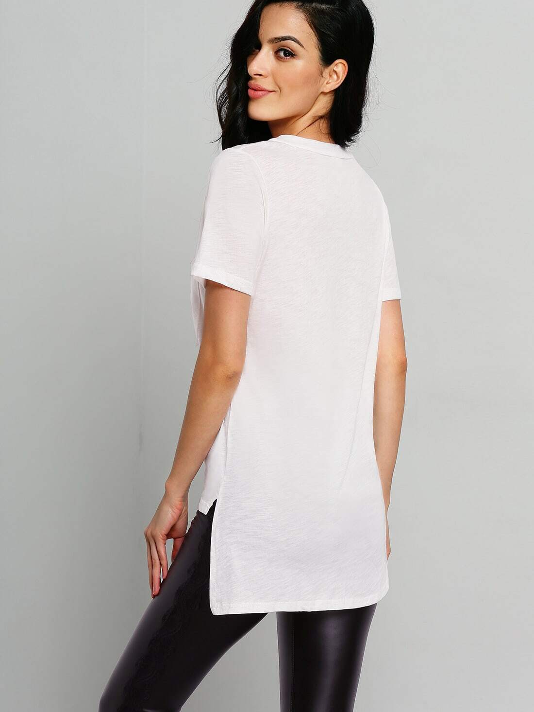 White V Neck Short Sleeve Loose TShirt SheIn(Sheinside)