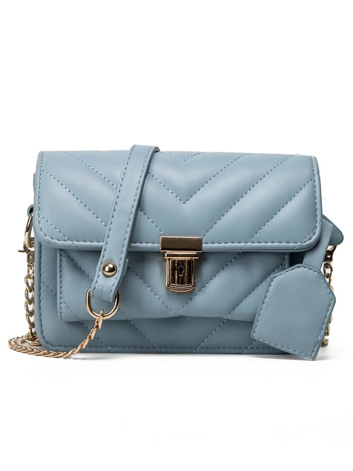 Chevron Quilted Flap Bag - Light Blue