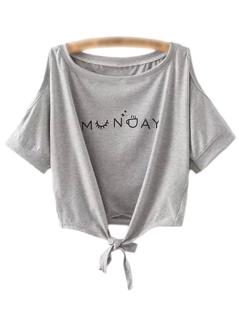 Light Grey Self-tie Bow Cold Shoulder Letter Printed T-shirt