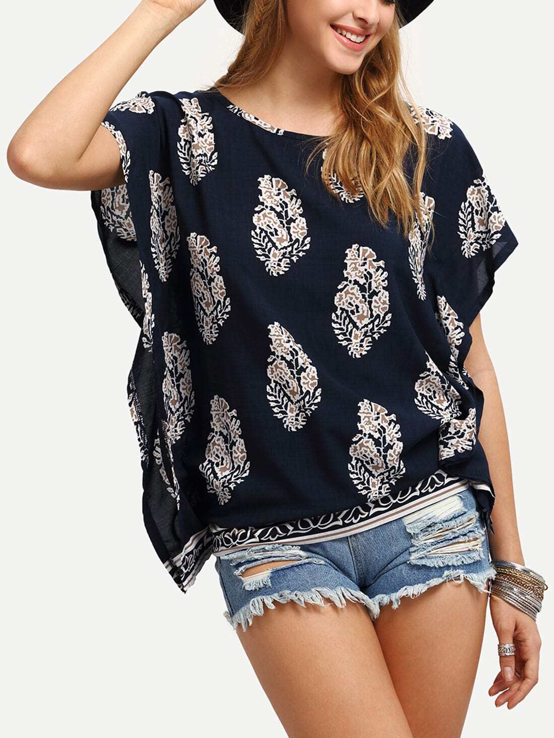 Flower Print Short Sleeve Poncho Blouse