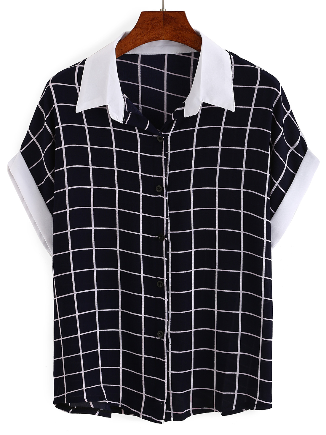 Contrast Collar & Sleeve Grid Blouse