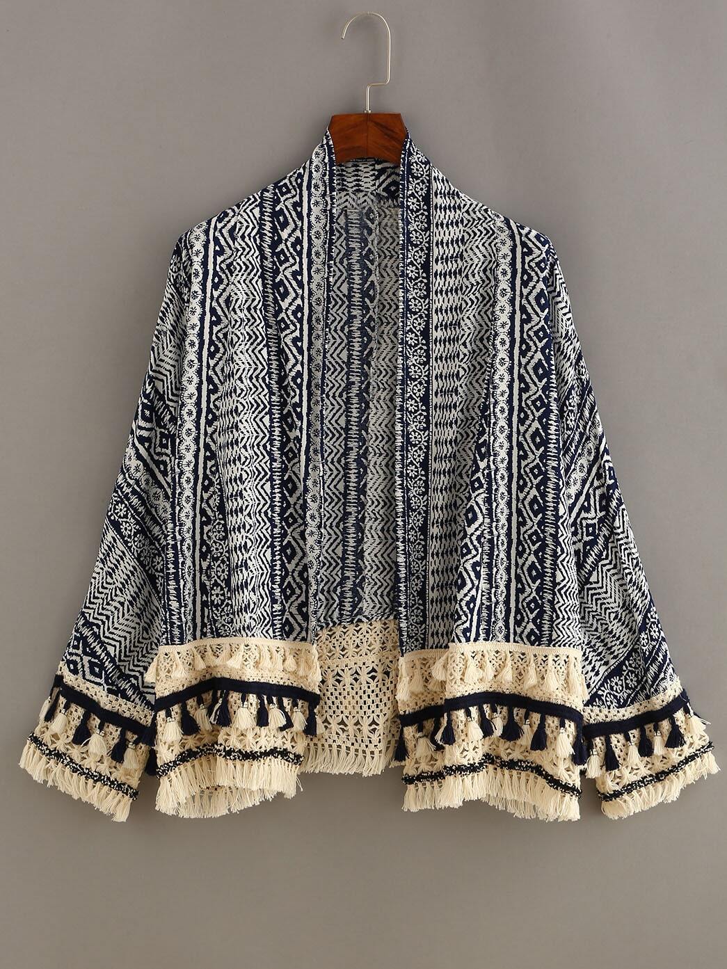 Tassel Trimmed Tribal Print Cardigan - Blue