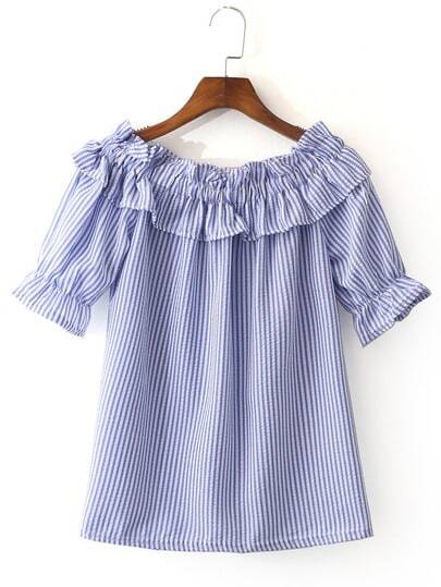 Blue White Stripe Short Sleeve Ruffle Boat Neck Blouse pictures
