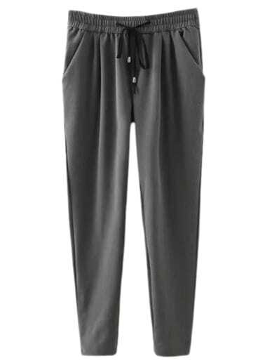 Grey Elastic Tie-Waist Pockets Pants