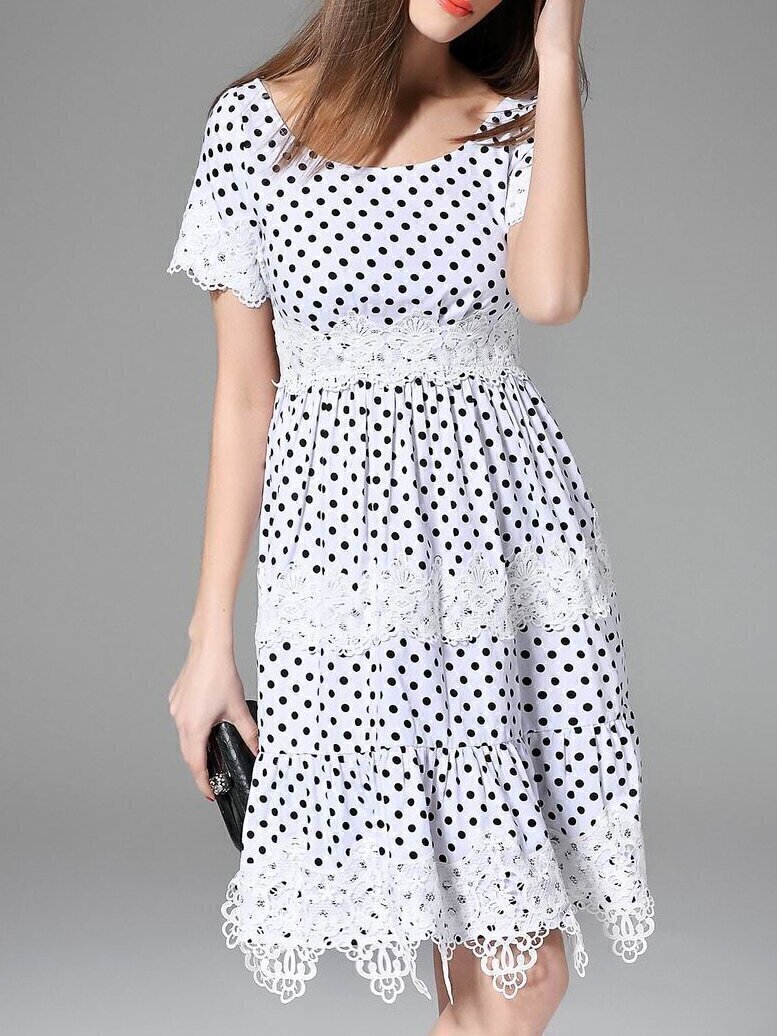 White Polka Dot Contrast Lace Dress