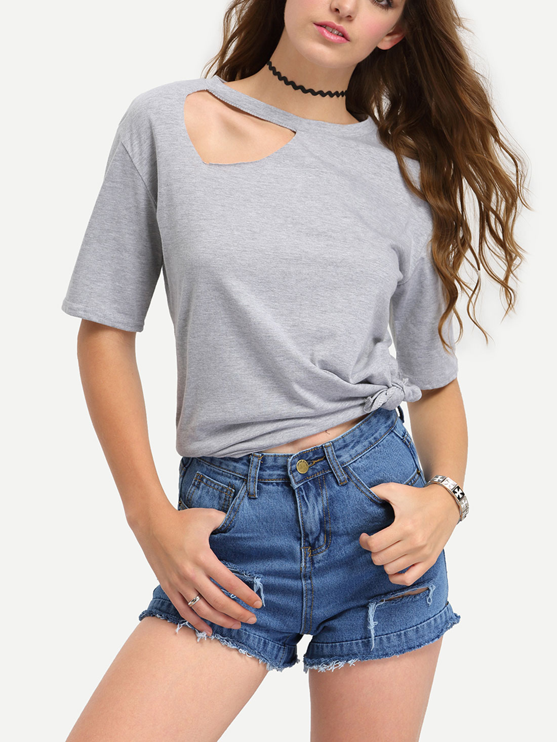 Cutout Neck Side Slit T-shirt