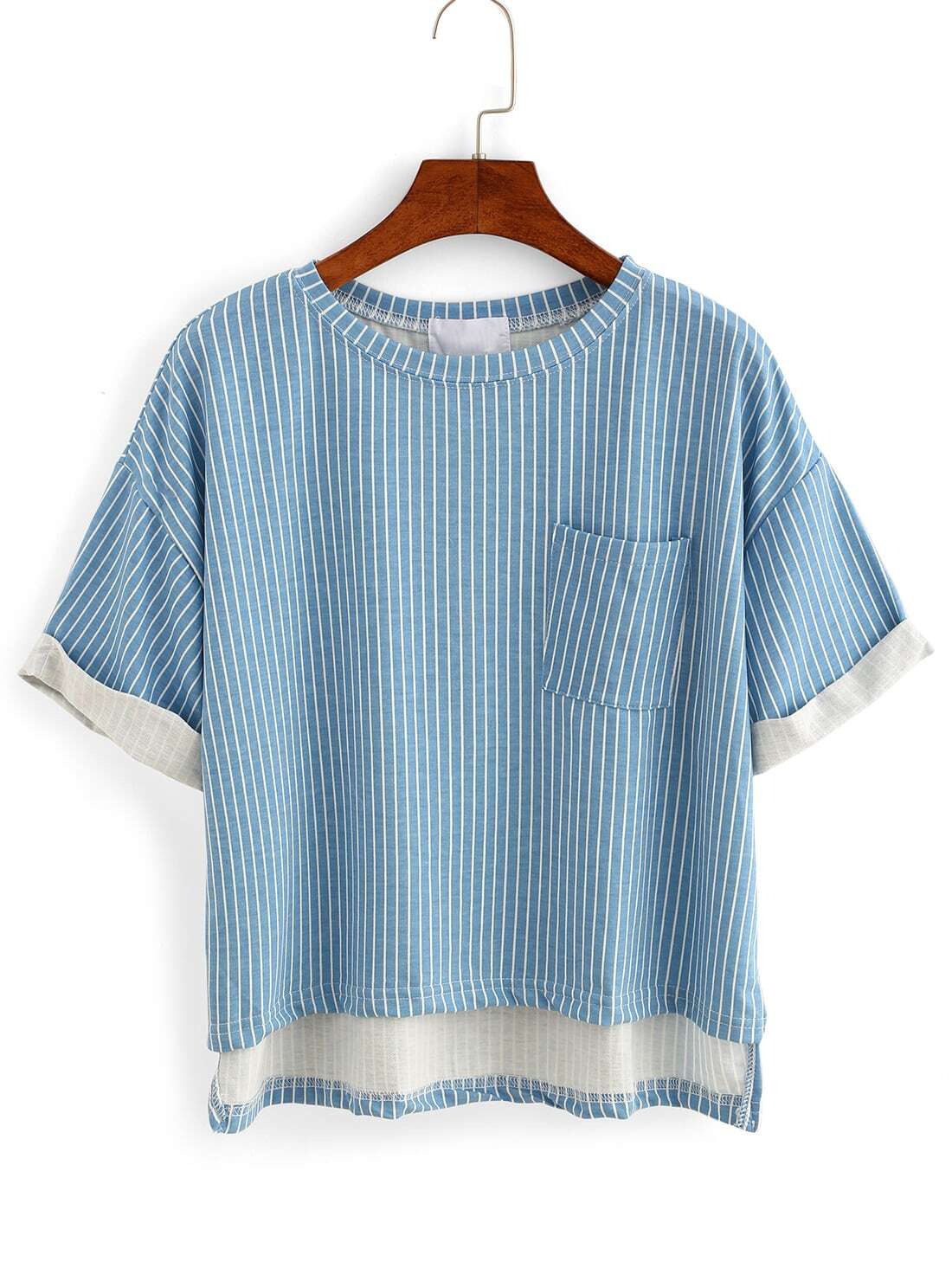 Vertical Striped High-Low Pocket T-shirt - Blue