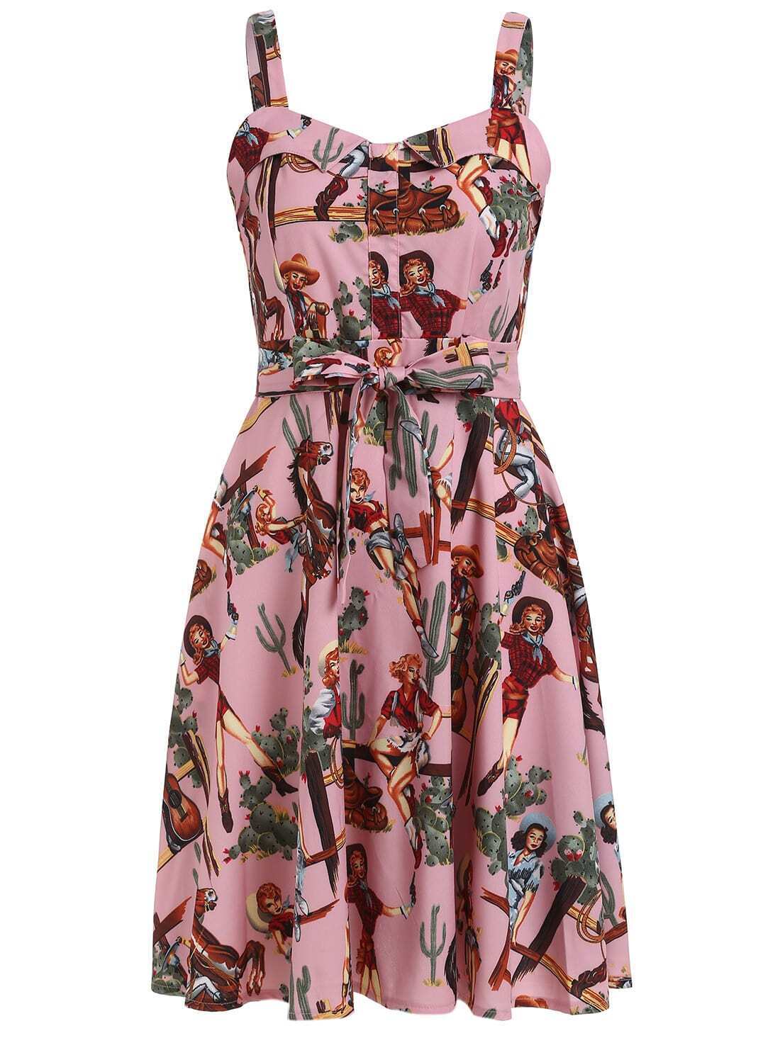 Vintage Print Wide Strap Dress - Pink