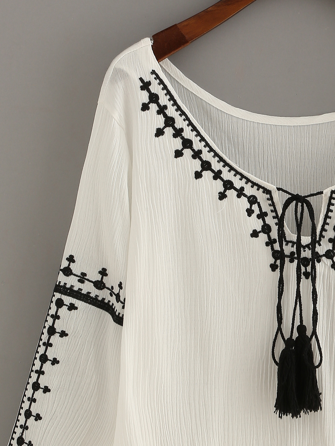 Embroidery TasselTie Neck High Low Blouse SheIn(Sheinside)