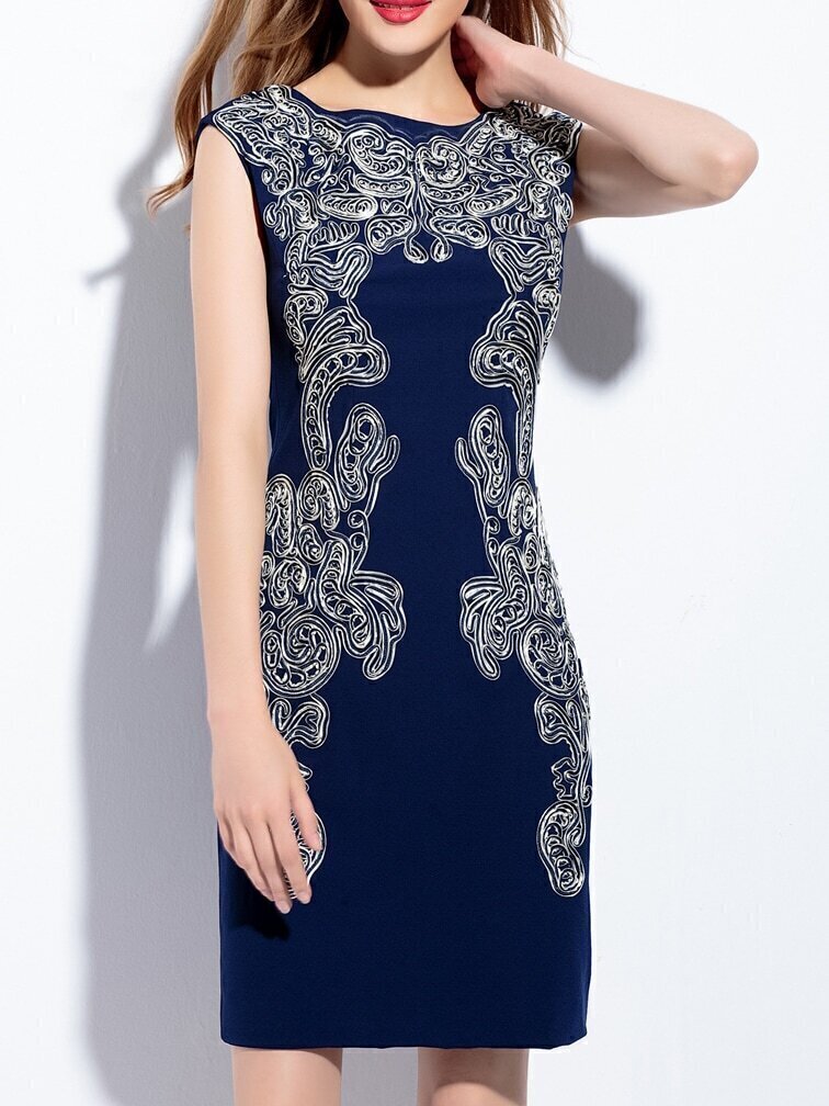 Navy Disc Flowers Sheath Dress