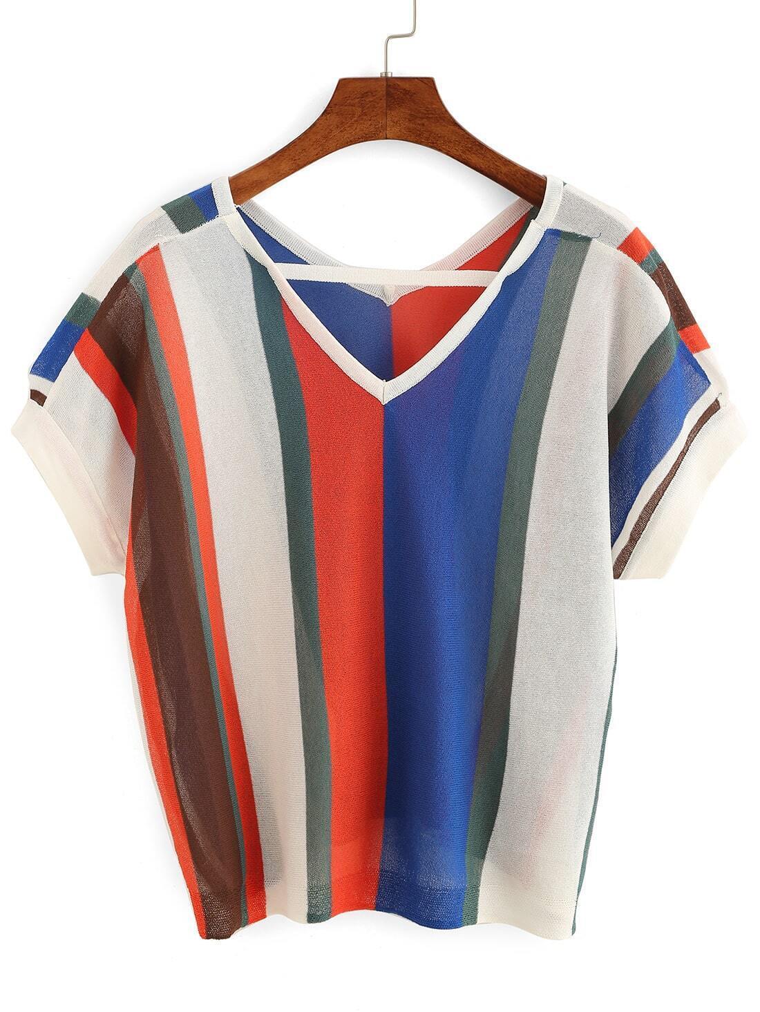 Color Block Stappy V-Neck Short Sleeve Sweater