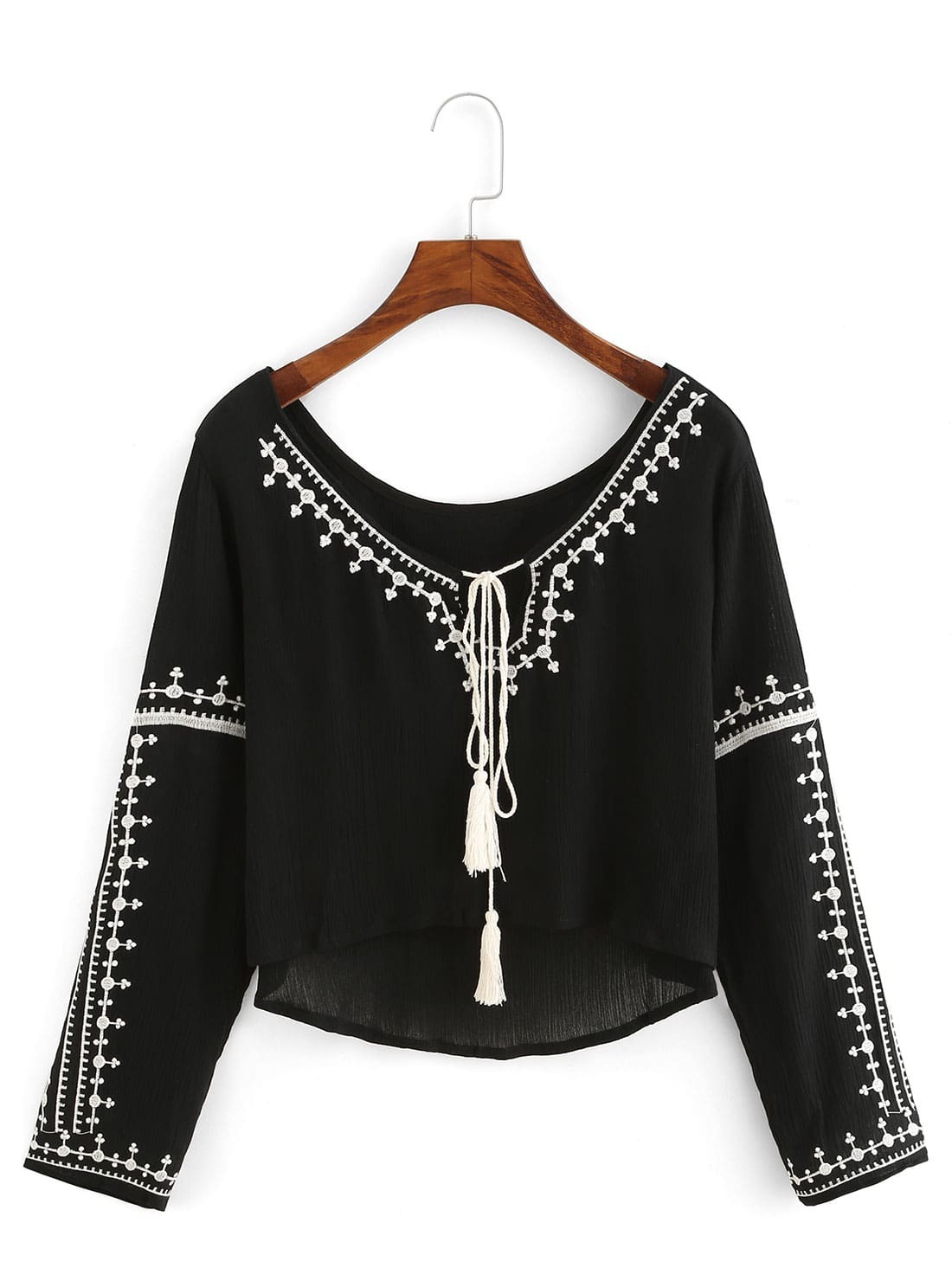 Embroidery Tassel-Tie Neck High Low Blouse