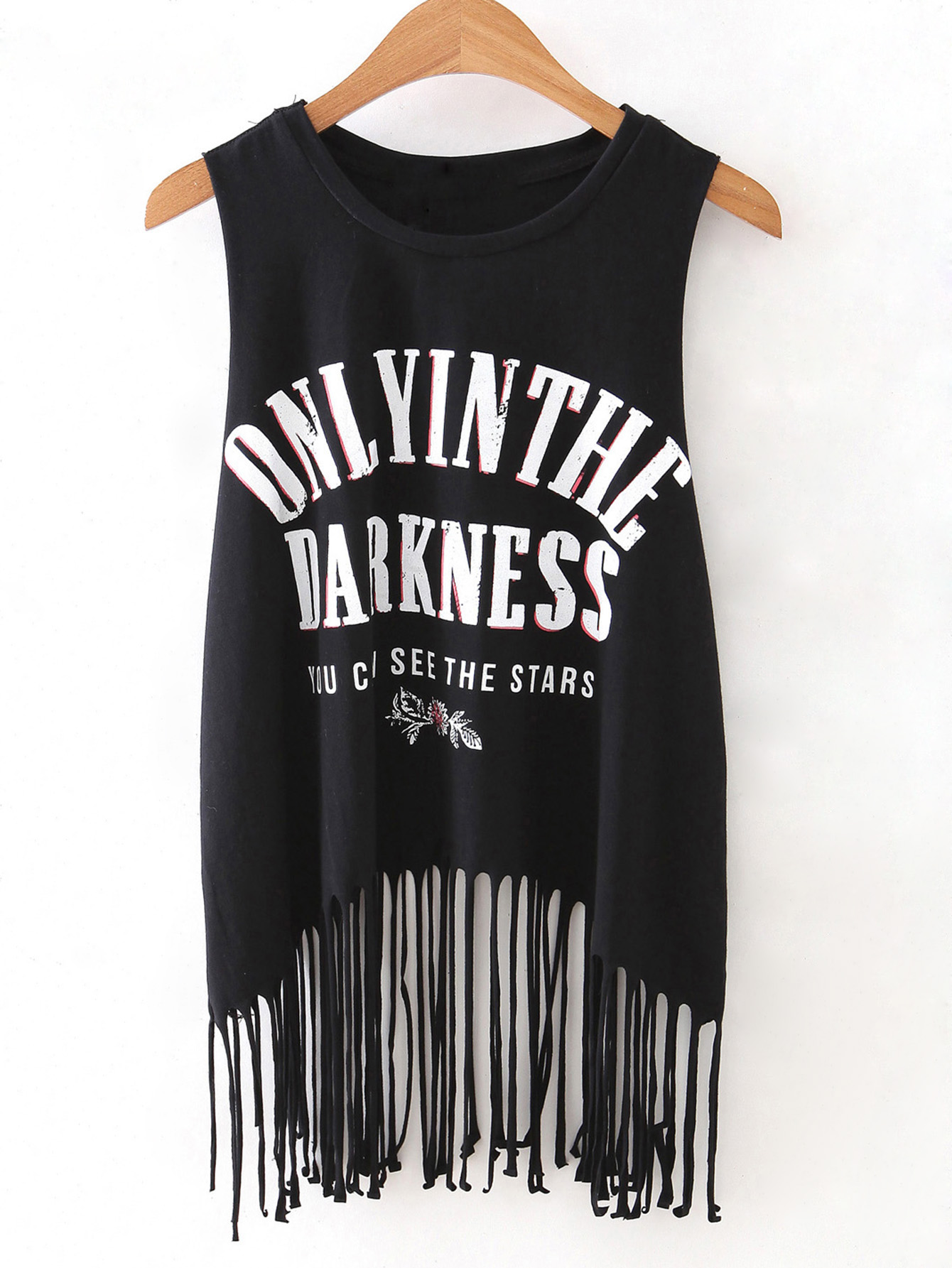 Black Sleeveless Letters Print Tassel T-shirt