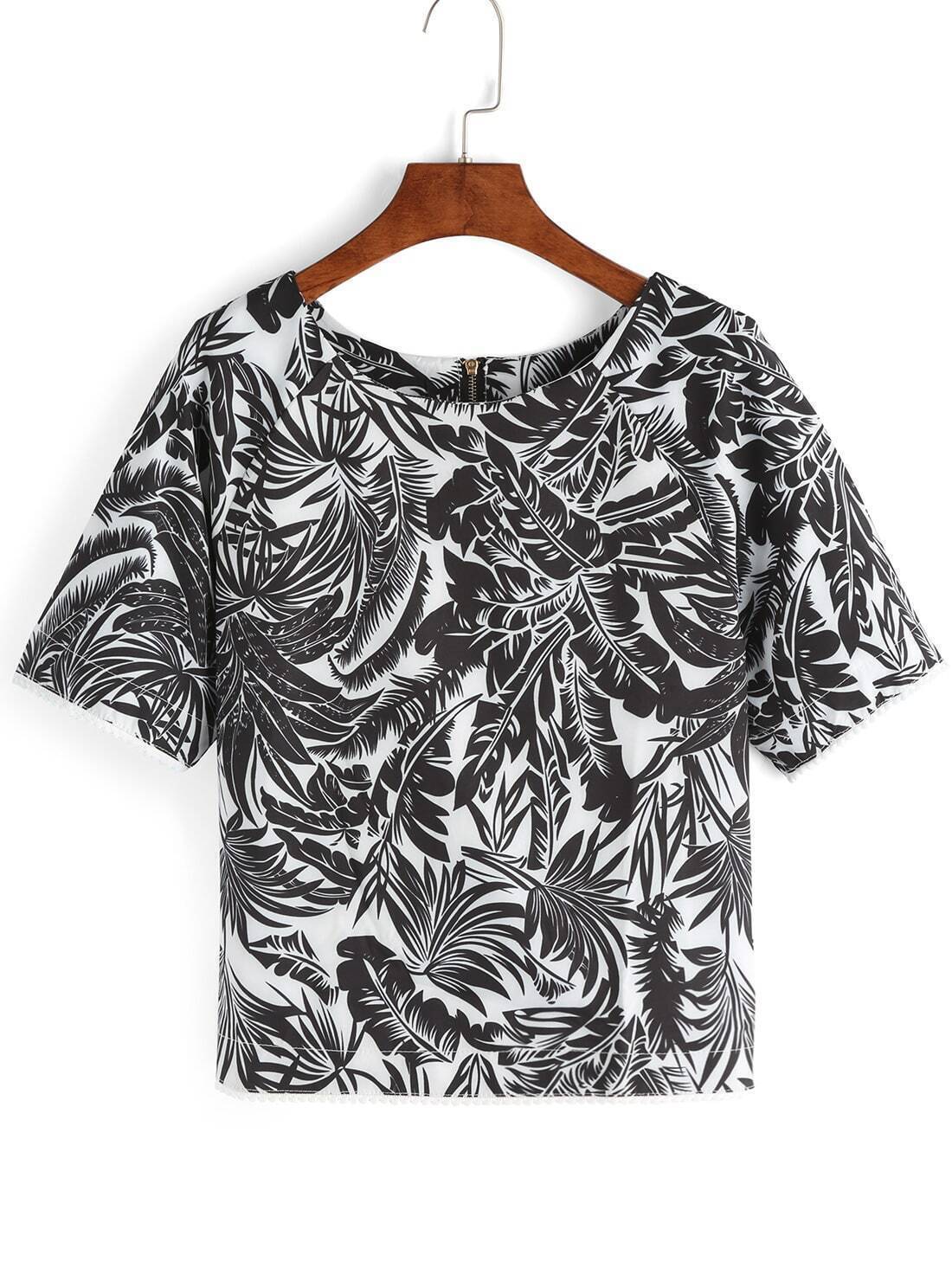 Tropical Plants Print Back Zip T-shirt