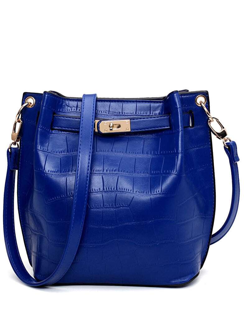 Crocodile Embossed Turnlock Belted Bucket Bag - Blue