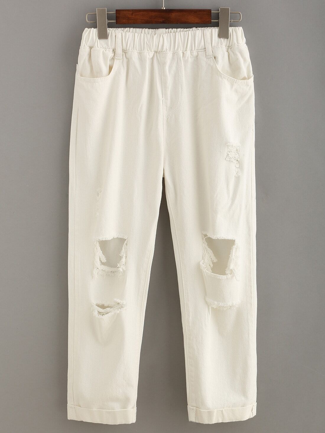 Distressed Elastic Waist White Ankle Jeans