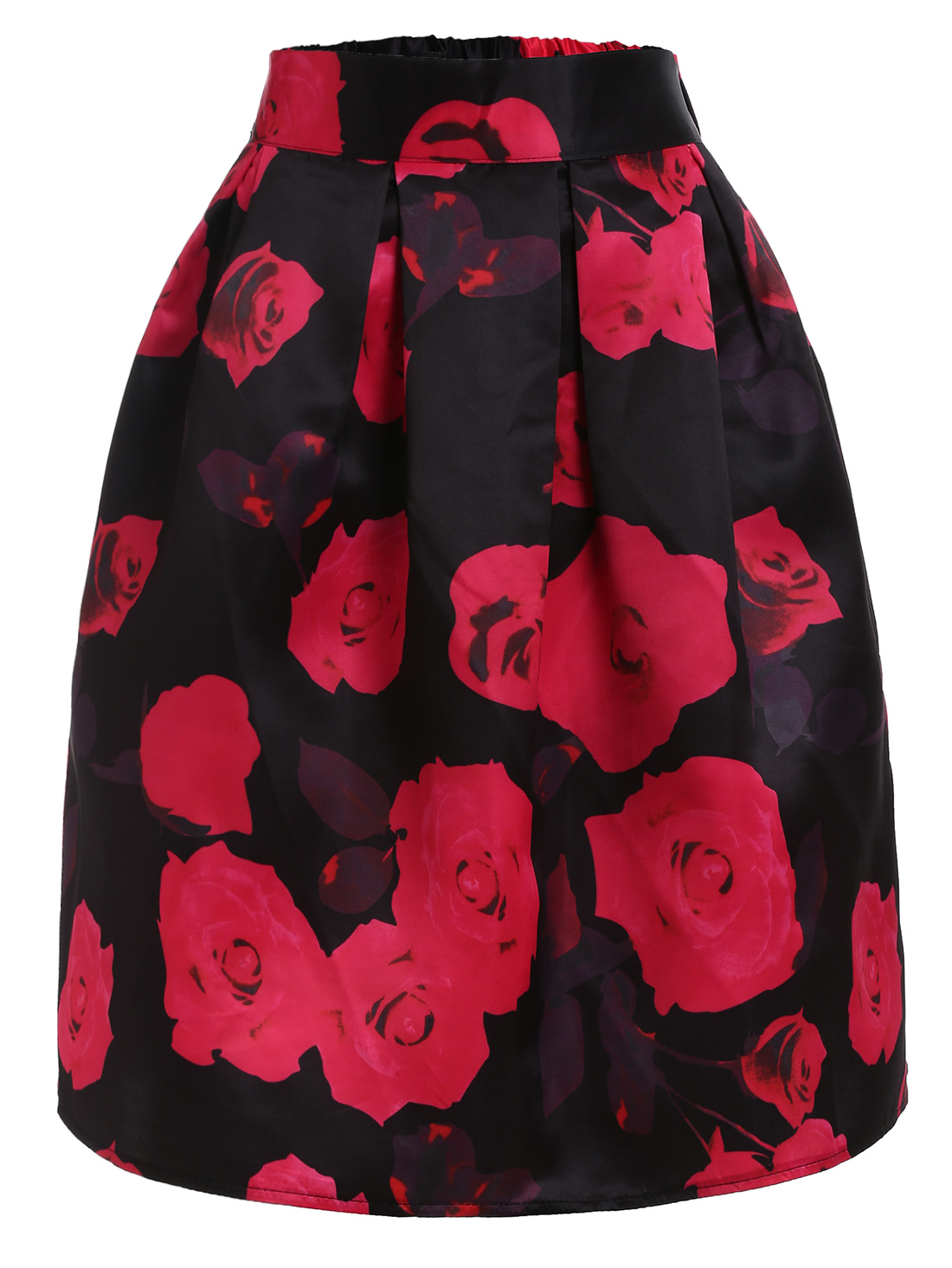 Rose Print Box Pleated Midi Skirt - Black