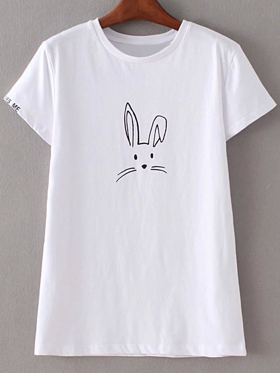 White Short Sleeve Letters Embroidery Rabbit Print T-shirt