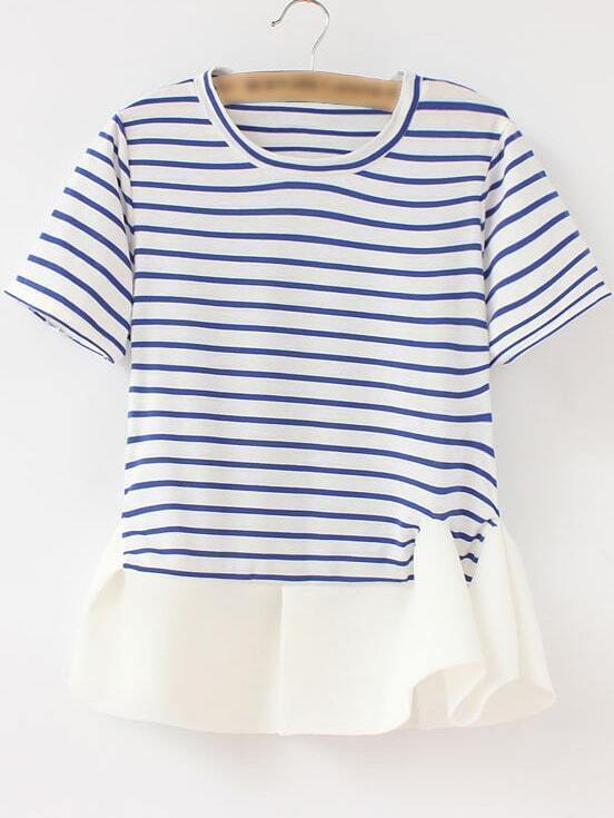 Blue White Stripe Ruffle Hem Short Sleeve T-shirt