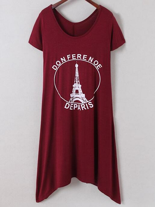 Burgundy Irregular Hem Letters Iron Tower Printing Dress