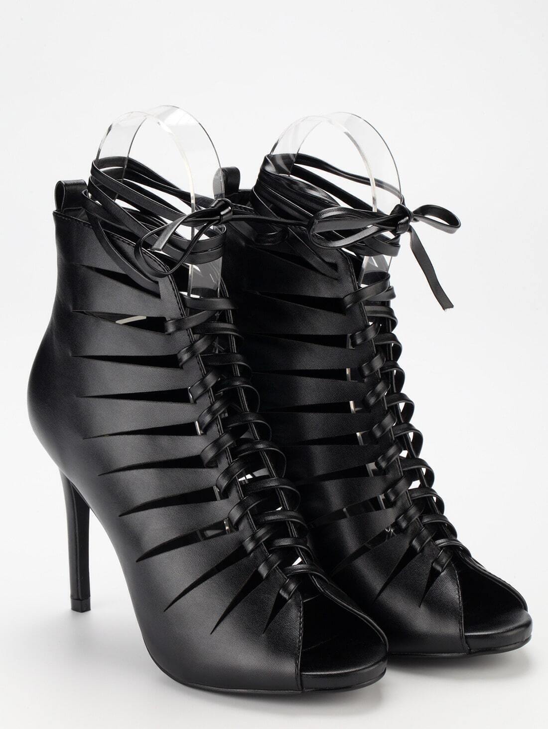 Black Strappy Peep Toe Lace Up High Heels SheIn(Sheinside)