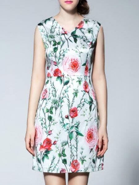 White V Neck Floral Sheath Dress