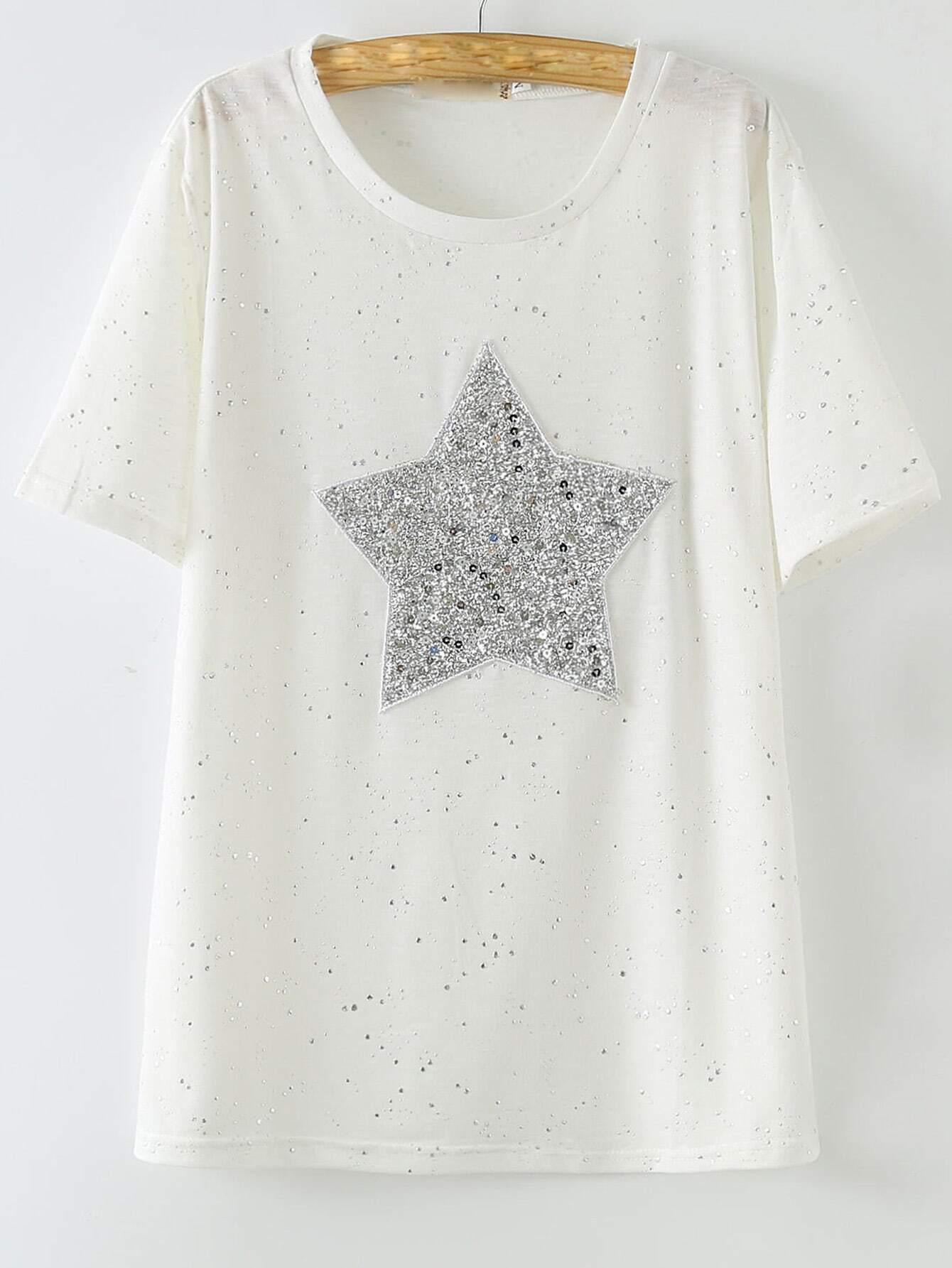 White Short Sleeve Sequined Star Patch Casual T-shirt