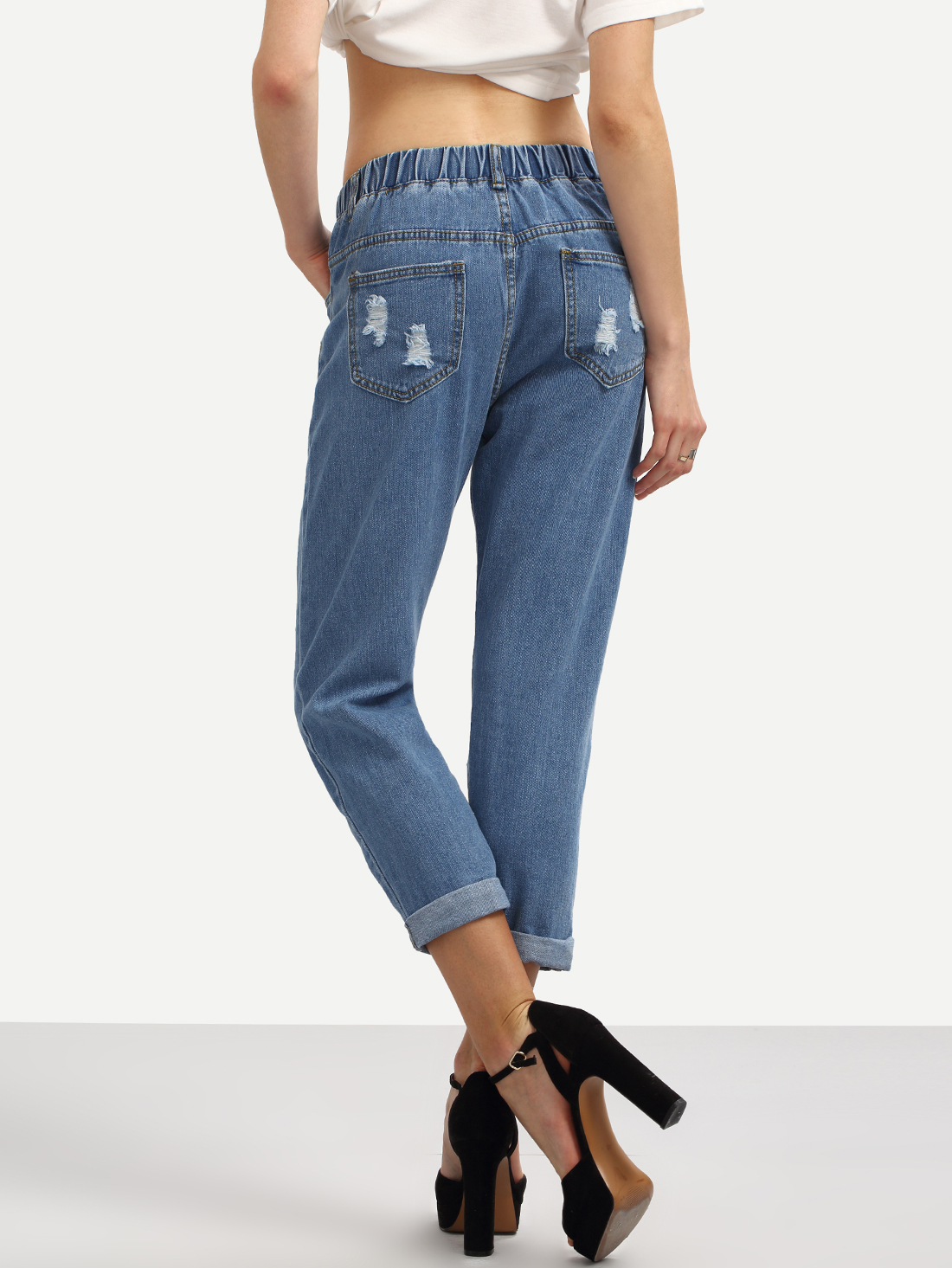 Elastic Waist Distressed Boyfriend Jeans SheIn(Sheinside)