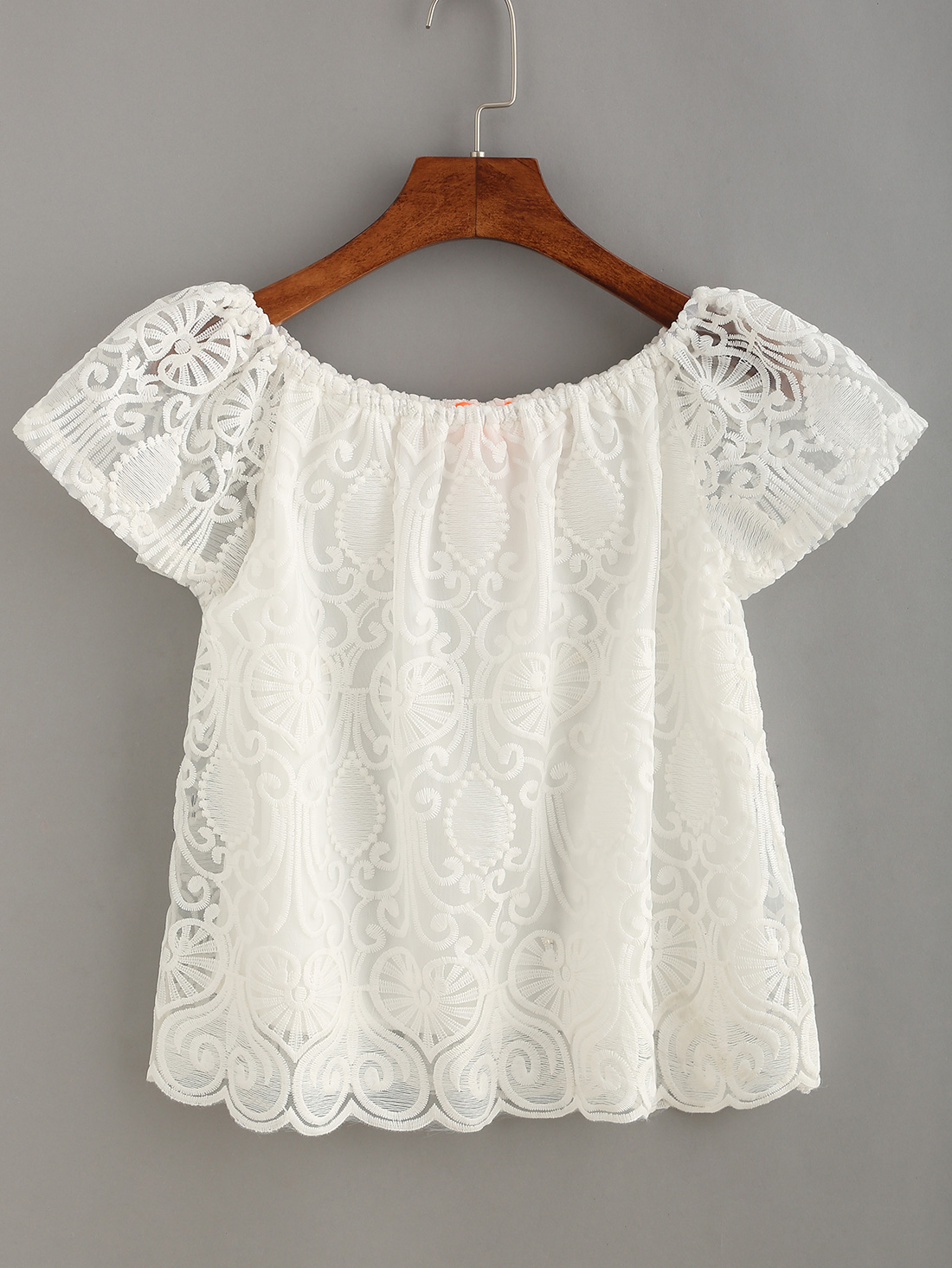 Scalloped Hem Embroidered Mesh Top