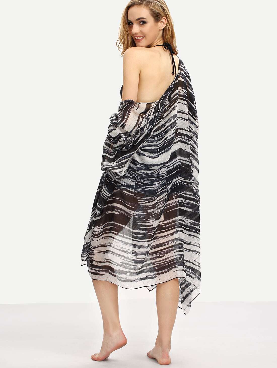 Abstract Srtipe Print Long Kimono - Black