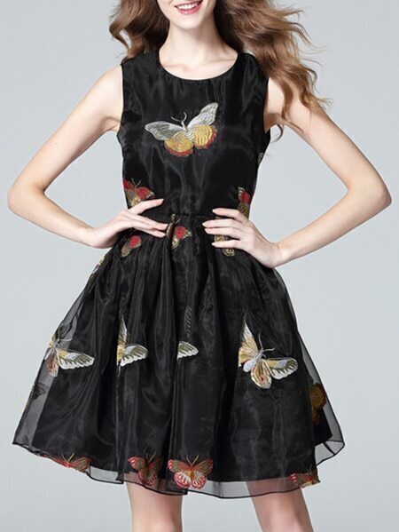 Black Organza Bow Embroidered A-Line Dress