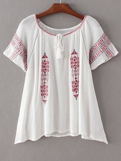 White Short Sleeve Tie Neck Tassel Embroidery Blouse