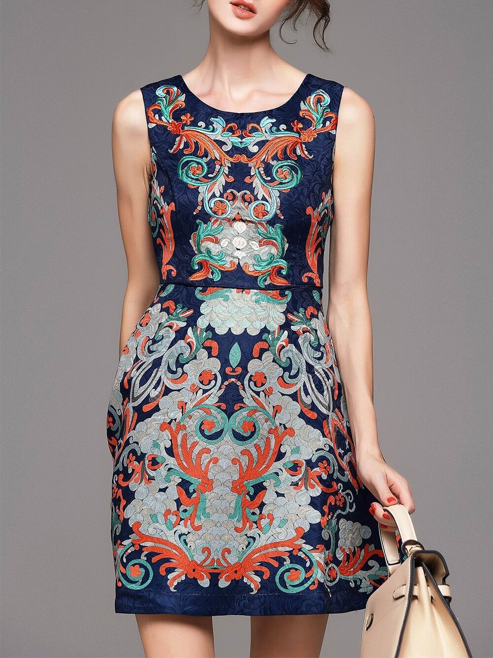 Navy Jacquard Pockets A-Line Dress