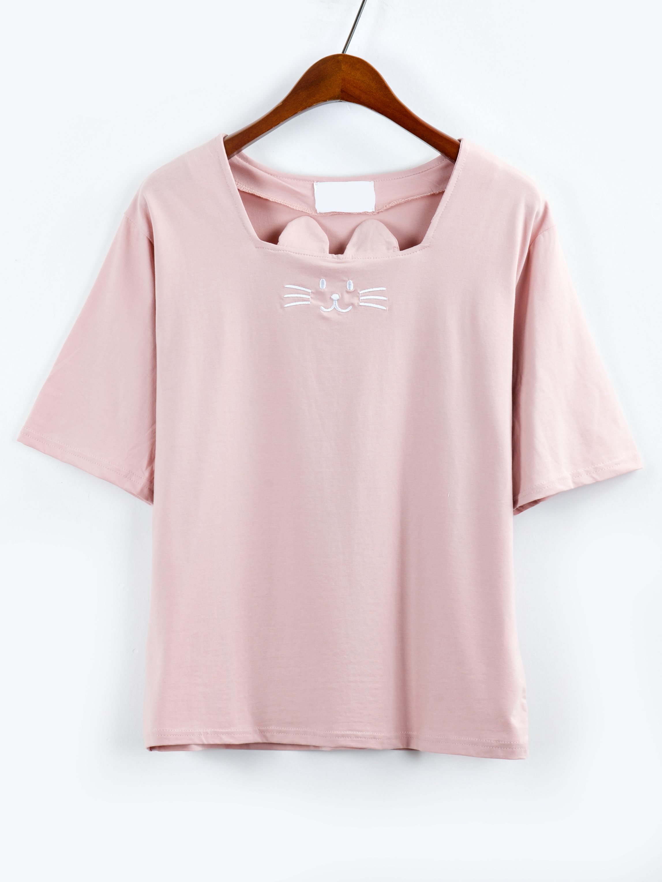 Cat Cut Squre Neck T-shirt - Pink