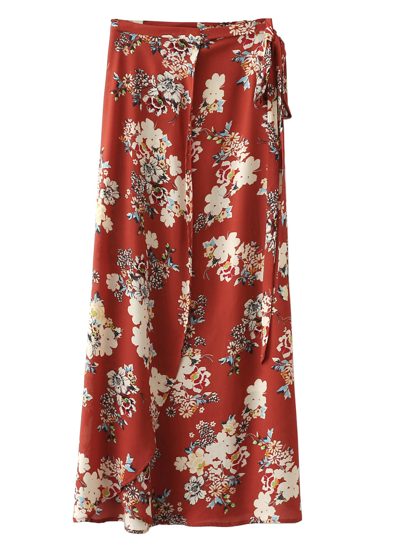 Multicolor Tie-Waist Bow Floral Print Long Skirt