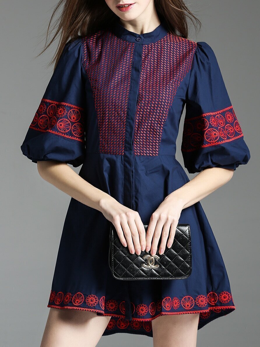 Navy Puff Sleeve Embroidered A-Line Dress